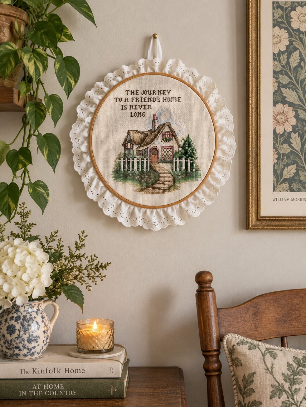 Vintage 1996 Handmade Cross Stitch Cottage Wall Art Embroidery Hoop